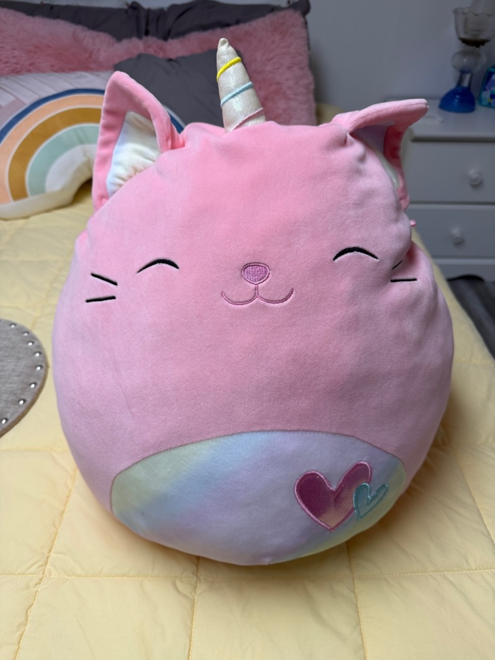 Squishmallows Pink Unicorn Cat Plush Pillow with Rainbow Heart Details